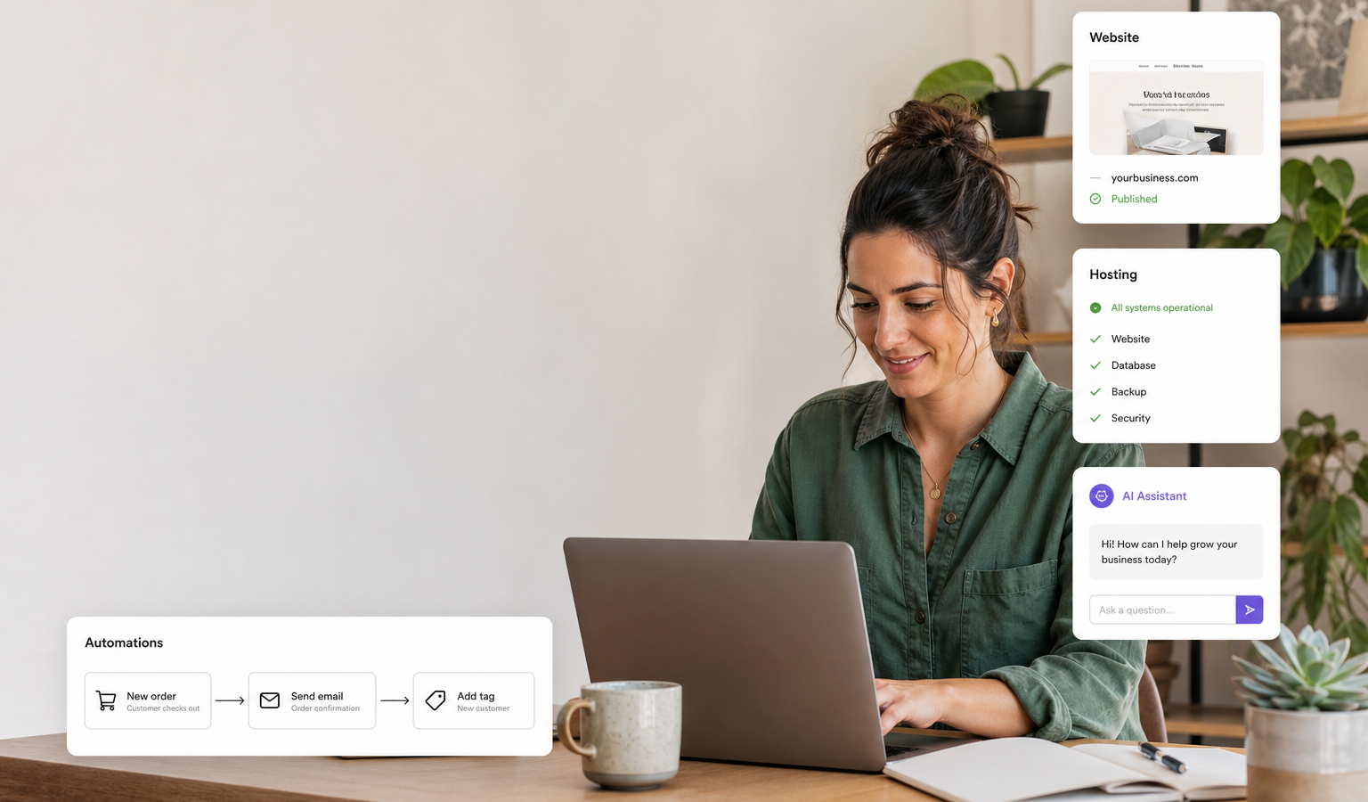Professional editorial image of a small business owner working with practical web, hosting, AI, and automation tools.