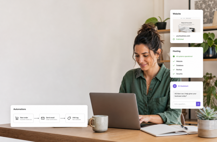 Professional editorial image of a small business owner working with practical web, hosting, AI, and automation tools.