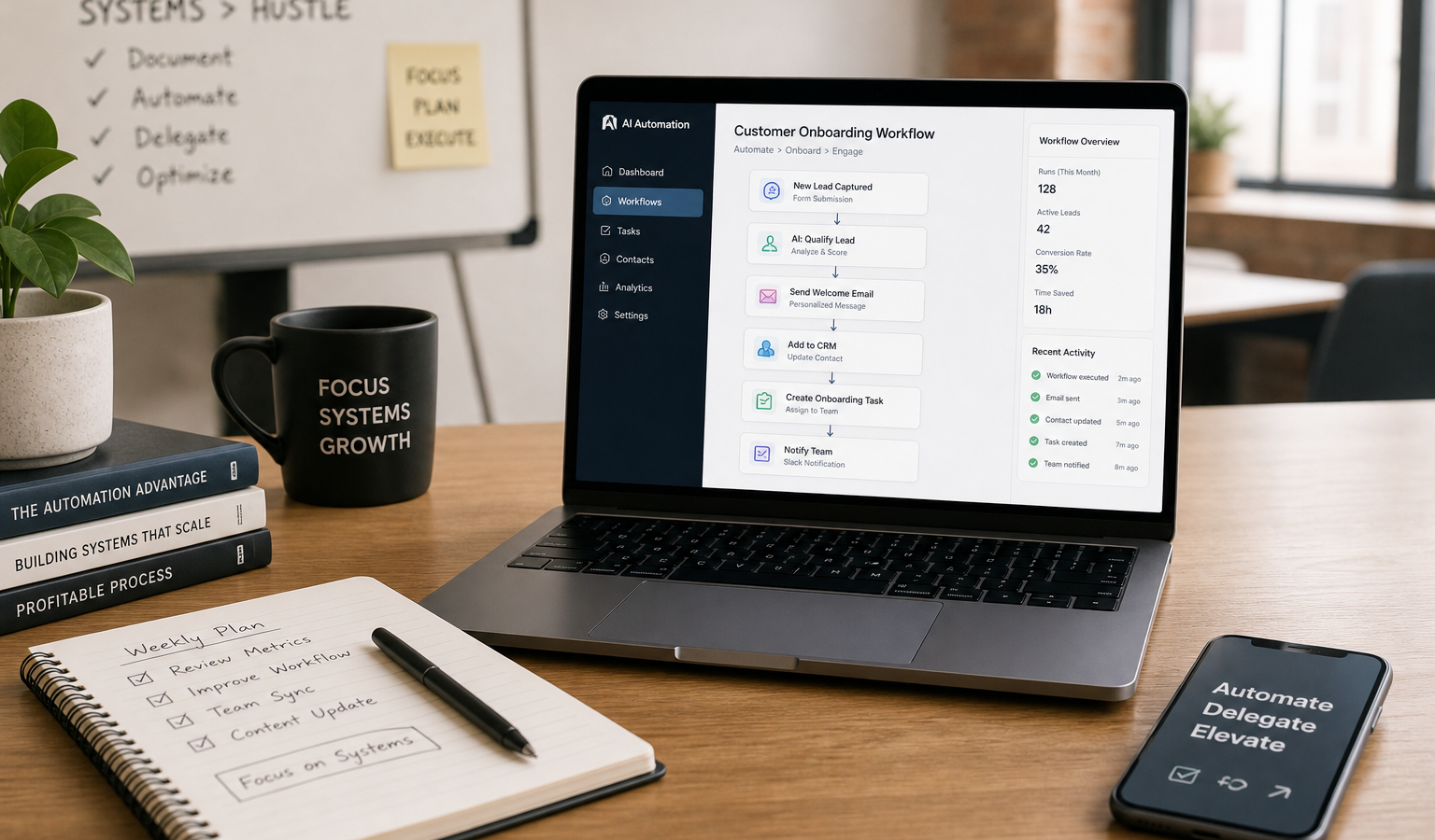 Modern workspace illustrating practical AI automation and workflow organization for a small team.