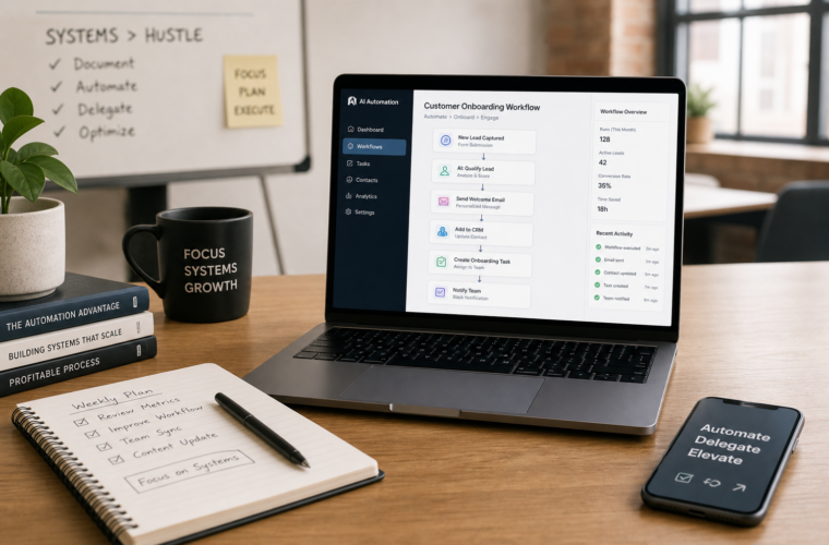Modern workspace illustrating practical AI automation and workflow organization for a small team.