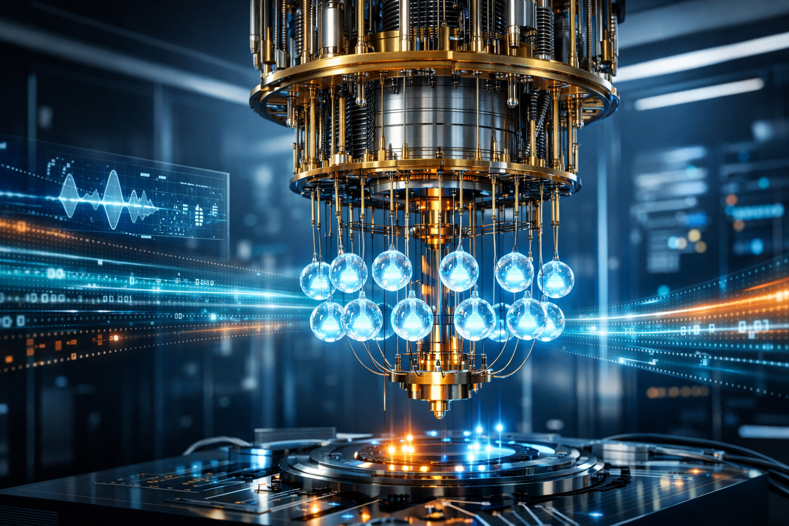 Modern editorial hero image of a futuristic quantum computer with glowing qubits and digital data streams.