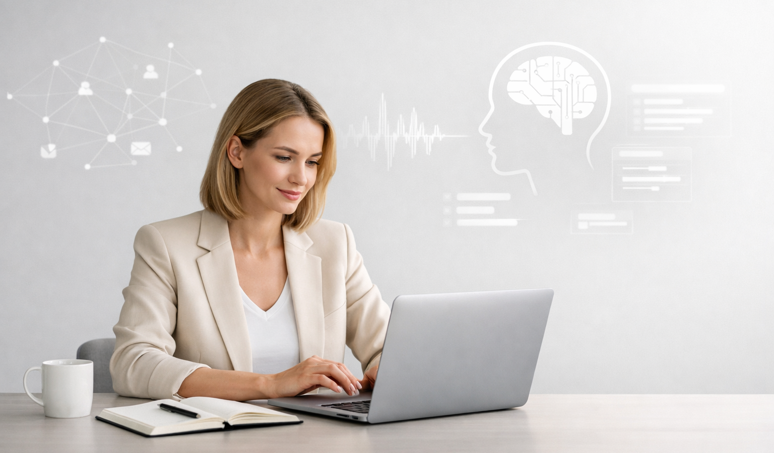 A solopreneur working at a desk with subtle AI interface visuals in a clean, modern office setting