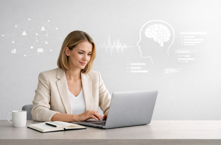 A solopreneur working at a desk with subtle AI interface visuals in a clean, modern office setting
