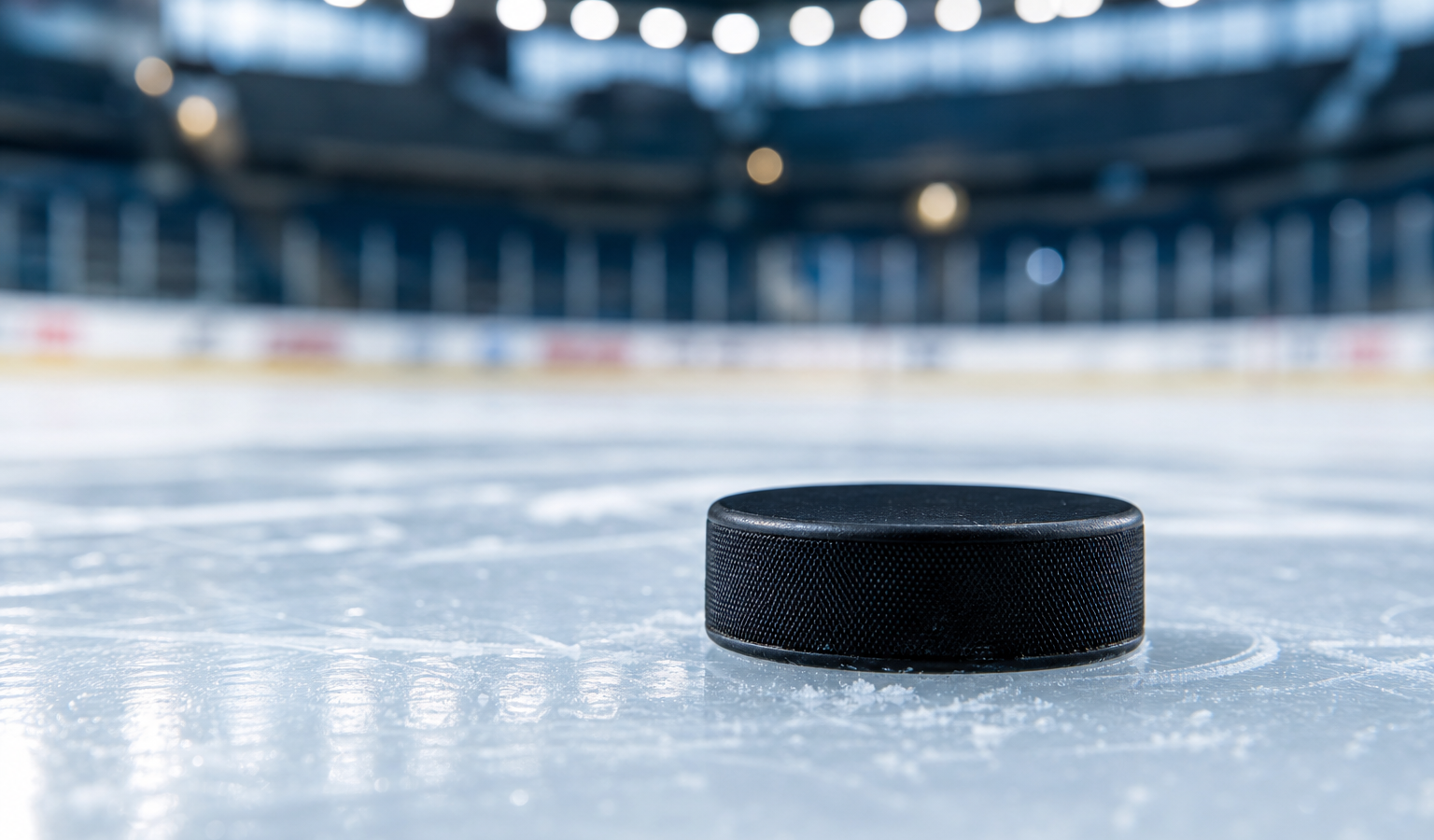 Black hockey puck on ice at a modern rink