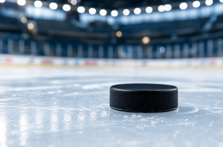 Black hockey puck on ice at a modern rink