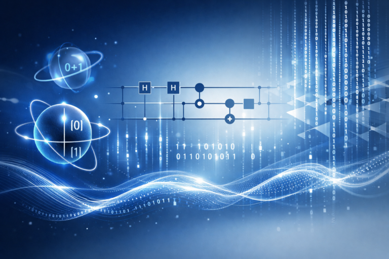 Modern editorial illustration of quantum computing with stylized qubits and quantum circuits