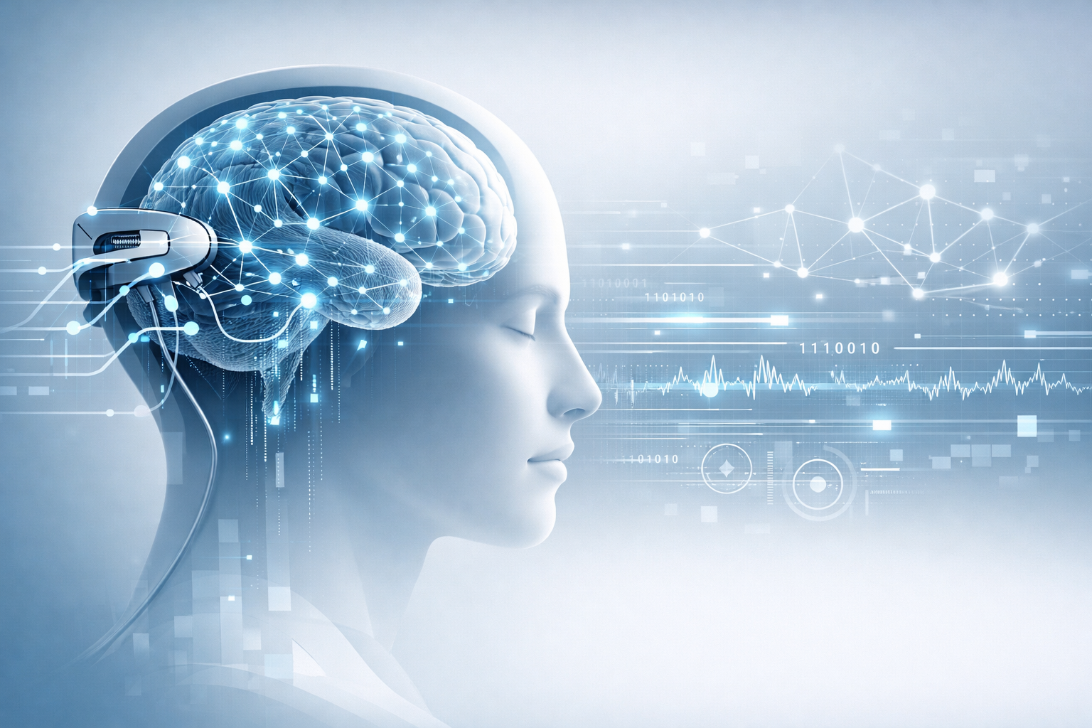 Modern editorial hero image illustrating futuristic brain interface with neural networks and digital data streams representing neurotechnology.