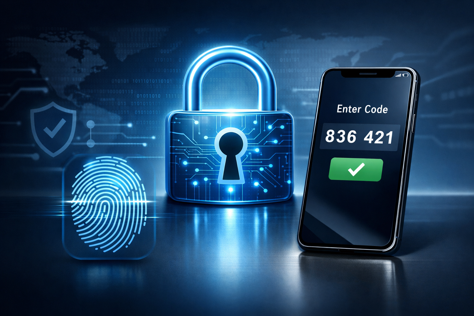 Modern editorial hero image illustrating two-factor authentication with a digital lock, smartphone, and fingerprint biometric symbol.