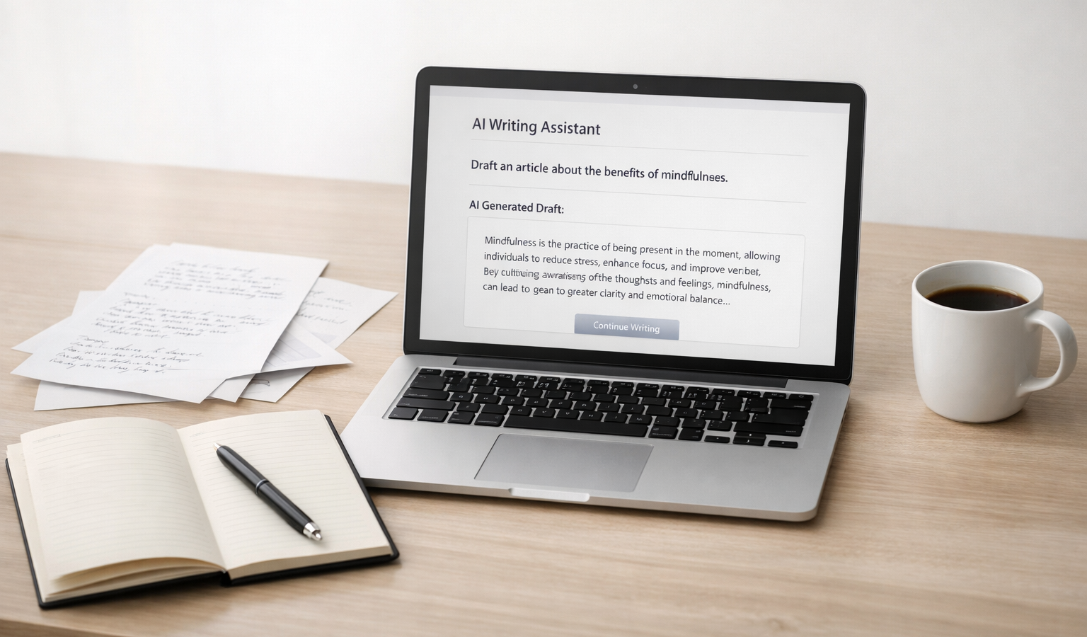Minimal editorial image of a desk with rough notes, a laptop, and a writing workspace representing AI-assisted drafting.