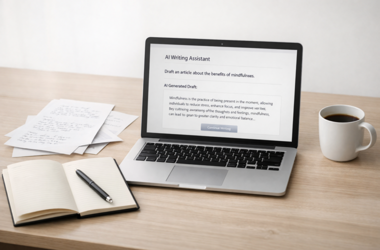 Minimal editorial image of a desk with rough notes, a laptop, and a writing workspace representing AI-assisted drafting.