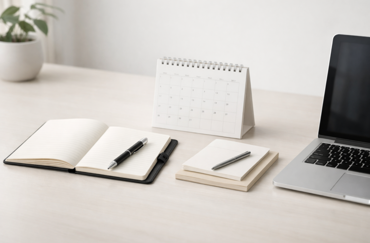 Minimal modern desk setup with a notebook, calendar, and laptop for a weekly review article.