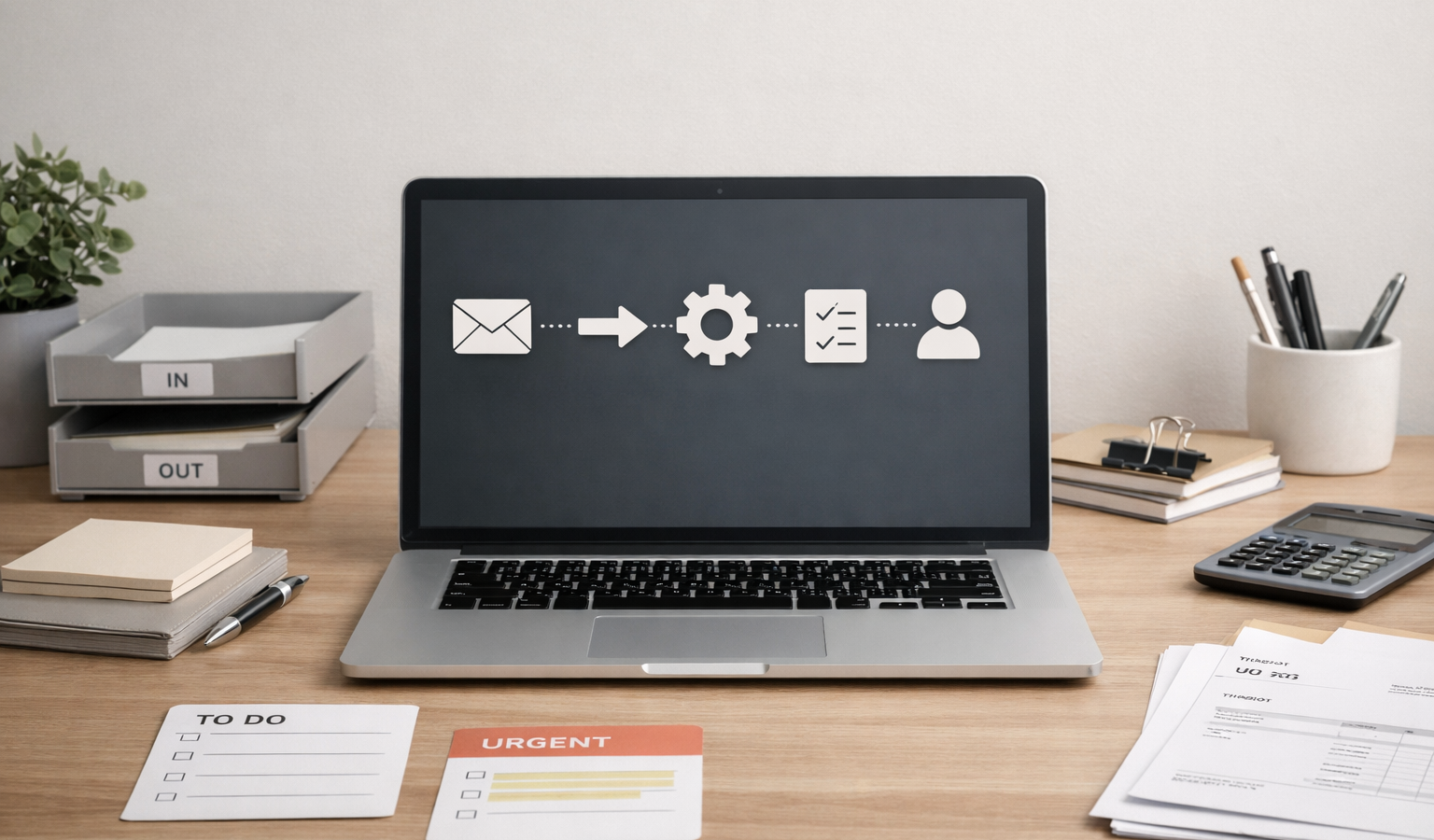 Minimal modern office scene illustrating AI automation for small business workflows.