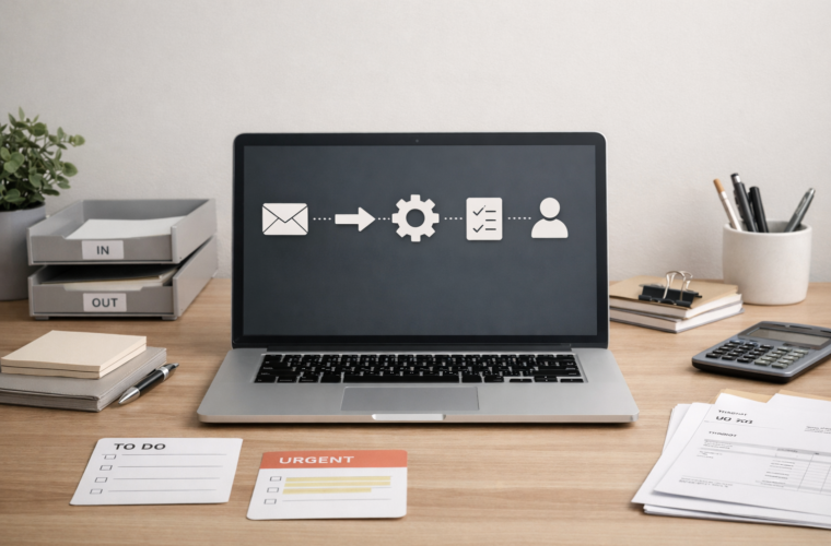 Minimal modern office scene illustrating AI automation for small business workflows.