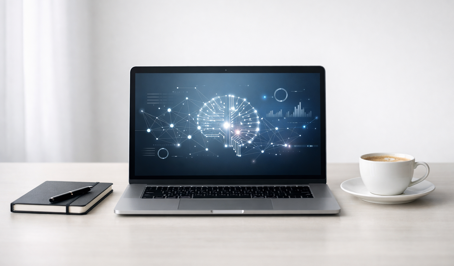 Minimal modern workspace with a laptop and notebook, illustrating focused work in an AI-assisted environment.
