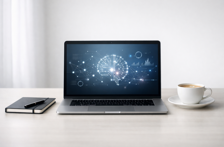 Minimal modern workspace with a laptop and notebook, illustrating focused work in an AI-assisted environment.
