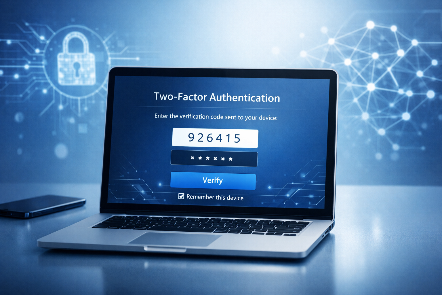 Modern professional workspace showing two-factor authentication on a device with AI-themed abstract background graphics.