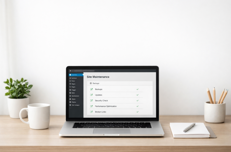 Minimal professional workspace with a laptop showing a website dashboard and a maintenance checklist.