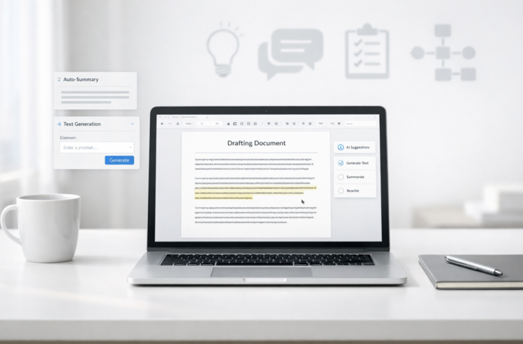 Modern office scene representing AI creating a first draft for repetitive business work.