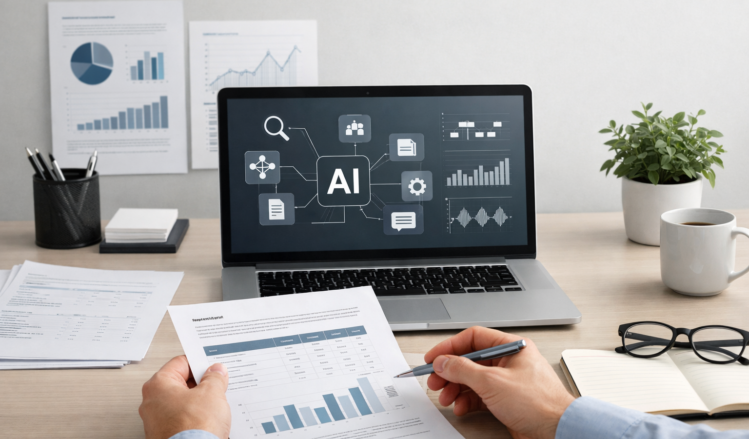 Professional office scene with a laptop, documents, and AI workflow interface elements representing practical enterprise AI use.