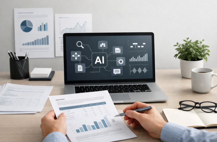 Professional office scene with a laptop, documents, and AI workflow interface elements representing practical enterprise AI use.