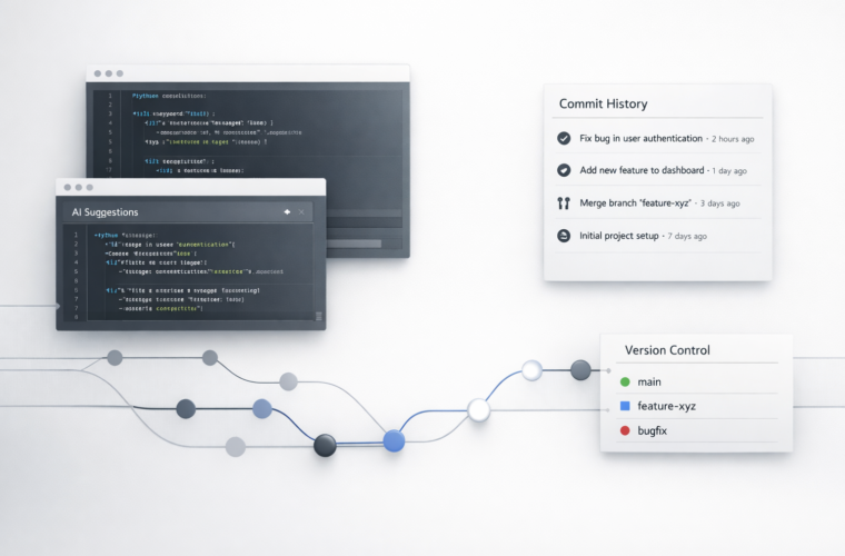 Minimal editorial illustration of version control workflows in an AI-assisted software development environment.